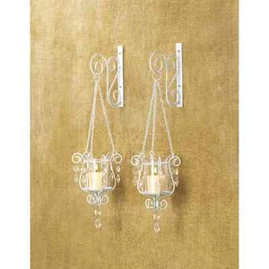 2pc Set White Hanging Wall Sconce Beaded Candle Holder Decor - Picture 1 of 6