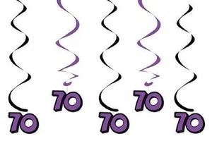 70th Birthday Hanging Swirls 5 dizzy danglers in pkg black & purple colors - Picture 1 of 1