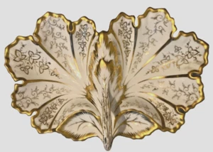 VINTAGE PORCELAIN DISH - LARGE LEAF DESIGN W/CENTER HANDLE- ORNATE GOLD PAINTING - Picture 1 of 24