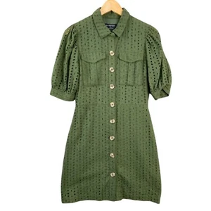 MinkPink shirt dress women's size M green puff sleeve | broderie anglaise casual - Picture 1 of 20