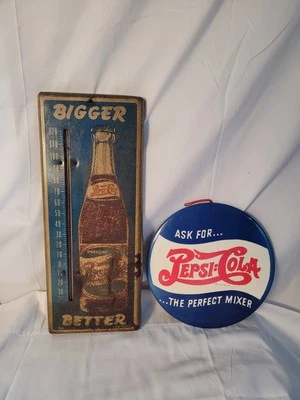 Vintage Pepsi Cola Bigger Better Metal Thermometer & Celluloid Button Sign - Image 1 of 4
