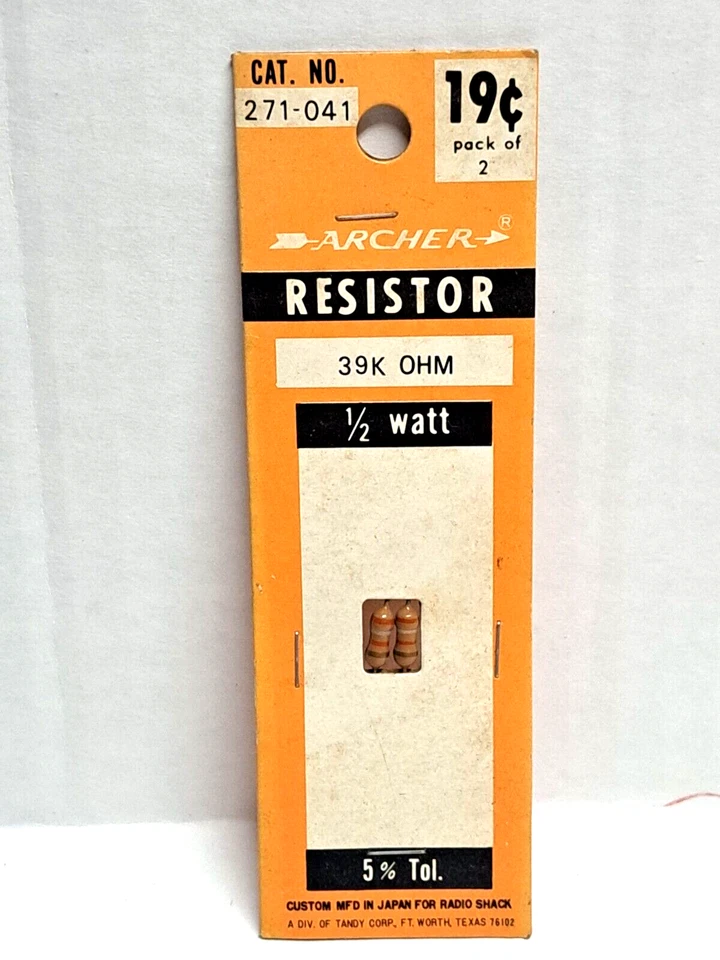 Archer Radio Shack resistor 1/2 watt, 5% Tol., 39K OHM, Cat. No. 271-041, NOS - Image 1 of 4