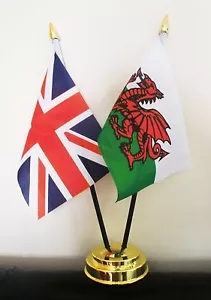 UNION JACK AND WALES TABLE FLAG SET 2 flags plus GOLDEN BASE WELSH - Picture 1 of 1