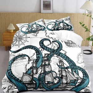 LUVIVIHOME 3PCS Blue Octopus Comforter Set Queen Size, Nautical Bedding, Ocea... - Picture 1 of 7