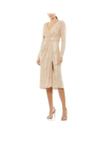Abito midi Mac Duggal donna oro rosa paillettes manica lunga scollo a V tubino finto avvolgente - Foto 1 di 11