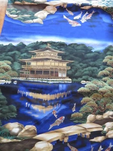 Metallic Pagoda With Fish In Pond Around With Trees Cotton Fabric Kona Bay - Picture 1 of 2