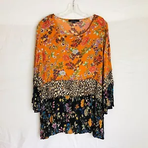 Calessa Damen Gr. 1X Blumen Animal Mix Print Tunika Bluse Boho Bauer - Bild 1 von 7