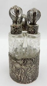 ANTIQUE ETCHED GLASS CRYSTAL 3 PERFUME BOTTLE SET IN STERLING SILVER HOLDER - Picture 1 of 24