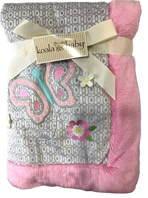NWT Koala Baby Blanket Pink Gray Minky Soft Plush Embroidered Butterfly Flowers - Image 1 of 4