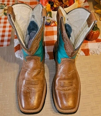 Ariat FatBaby ~ Mujer Talla 6B ~ Botas de Vaquero Occidentales ~ Cuero Turquesa y Marrón Foto 1 de 4