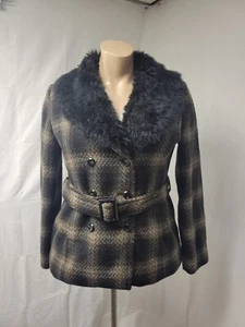 Attention Fur Lined Plaid Jacket Size XL Plaid Coat With Black Fur Neckline - Picture 1 of 12