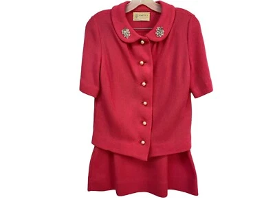 Vintage Pink  1960’s Skirt Suit 2 Piece Set Jacket With Peter Pan Collar Size 12 - Image 1 of 4
