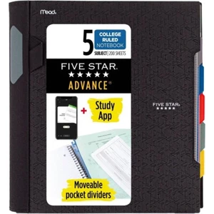 NWT Five Star College Ruled Notebook – 200 Pages – Spiral Bound – Black w/ Pocke - Picture 1 of 4
