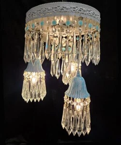 12" x 15"   Blue & Clear Crystal, Flush to Ceiling Chandelier, 4 Lights - Picture 1 of 1