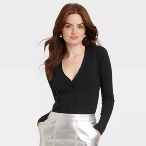 New Day Fine Gauge Ribbed Cardigan Sweater Womens X-Small Long Sleeve Black - Picture 1 of 10