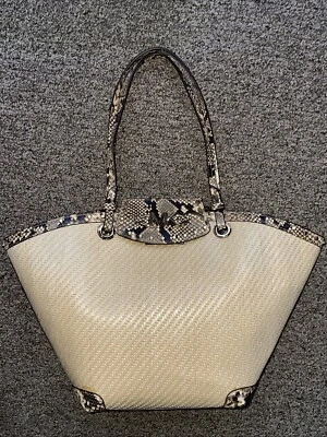 Michael Kors IZZY Summer Raffia Resort Beach Tote Natural Studded Snake Gold - Image 1 of 4