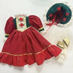 Vintage Puppenkleid Kleidung Outfit für 17 Zoll Puppen Weihnachten rot Samt Haube Schuhe - Bild 1 von 17
