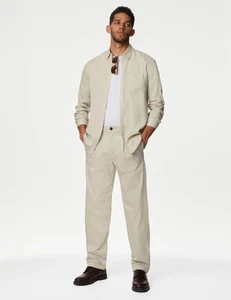 Marks & Spencer Mens Beige Cotton Straight Trousers - M&S - Picture 1 of 12
