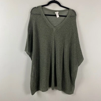 J. Jill Poncho Sweater One Size Open Knit Linen Cotton V Neck Green - Image 1 of 4
