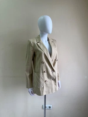 Sezane Womens Sand Linen Striped Double-Breasted Blazer Size 32 - Image 1 of 4