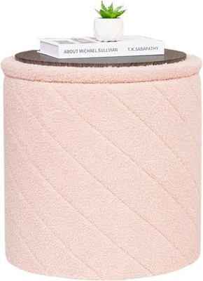Pink Round Storage Ottoman Footstool 3-in-1 Seat with Lid 43x43x45cm - Image 1 of 4