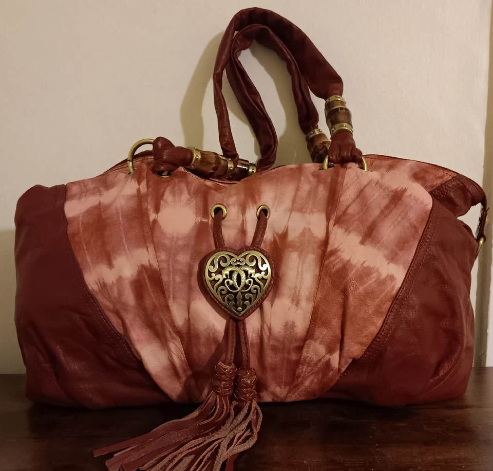 Sharif Burgundy Leather Pink Tie Dye Bamboo Hobo Shoulder Bag  - Image 1 of 4
