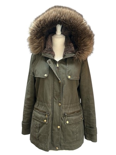 Cappotto giacca militare donna Michael Kors utility pelliccia sintetica con cappuccio verde medio M