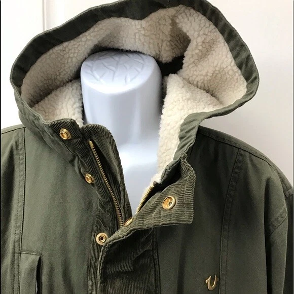 NUEVO wTag-Chaqueta Parka Forrada de Piel Sintética Verde Militante TRUE RELIGION para Hombres L Foto 1 de 4