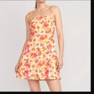 Old Navy Cami Dress Linen Yellow Pink Floral Print Slip Dress Size Large - Picture 1 of 8