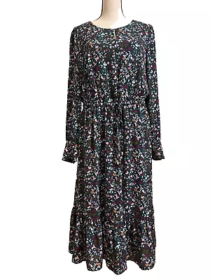 Talbots Dress Women's Size 8 Crepe Green Floral Tiered Long Sleeve Waist Tie - Image 1 of 4