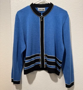 Vintage SAN REMO by Laura Knits Blue Black Full Zip Cardigan Sweater Petites L - Picture 1 of 9
