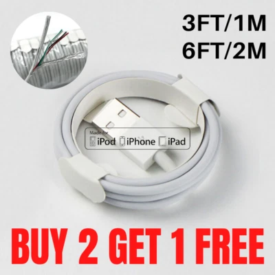 3/6Ft USB Cable For iPhone 11 Pro X XR XS 8 7 6 6s Plus 5 5s Fast Charge Charger - Image 1 of 4