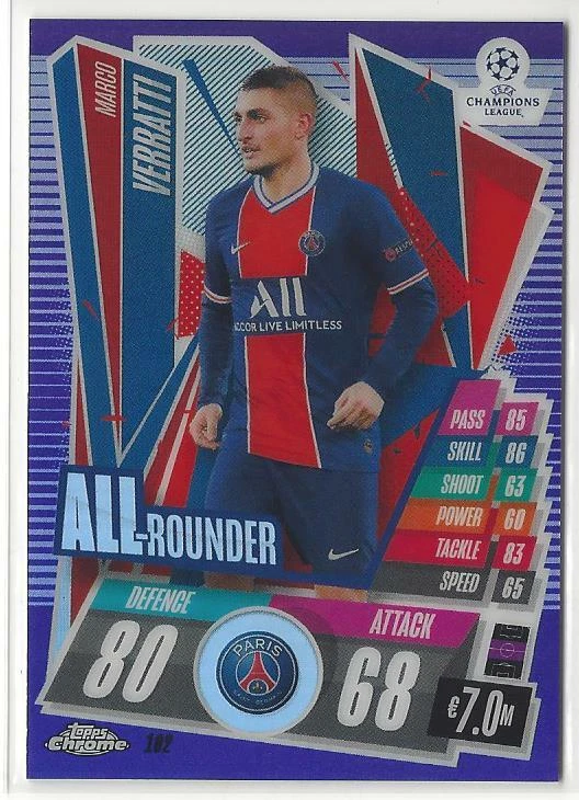 2020-21 Topps Chrome Match Attax Marco Verratti Purple Refractor /299 PSG Paris - Image 1 of 1