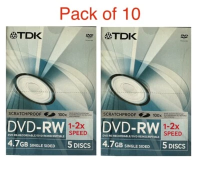 10 TDK DVD-RW SCRATCHPROOF 4.7GB 2x 120min Re-Recordable DVD Discs In VideCases - Image 1 of 2
