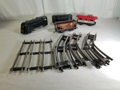 Marx Pressed Steel Tin Wind-up New York Central Bullet Train Engine 3 Cars Track - Image 1 of 4