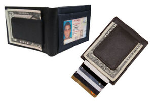 Black Genuine Leather Mens Bifold Money Clip Front Pocket ID Badge Wallet