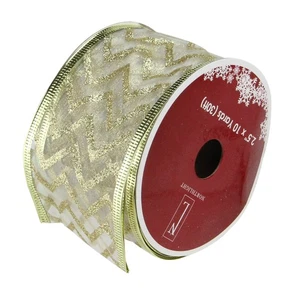 Northlight 12 Sparkling Green Chevron Print Wired Christmas Ribbon Spools - Picture 1 of 3