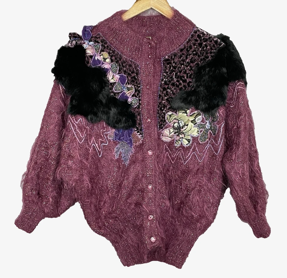 Suéter cárdigan 3D mohair vintage para mujer talla S/M textiles mixtos arte para usar Foto 1 de 4