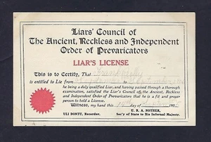 c1905 Comic / Novelty Postcard, “Liars License" Ancient Reckless Prevaricators - Picture 1 of 2