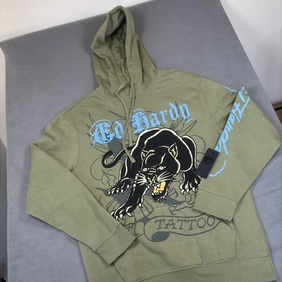 NUEVO CON ETIQUETAS Ed Hardy Sudadera con Capucha Para Hombres Mediana Verde Tatuaje Pantera Gráfico Pullover Sudadera Foto 1 de 4