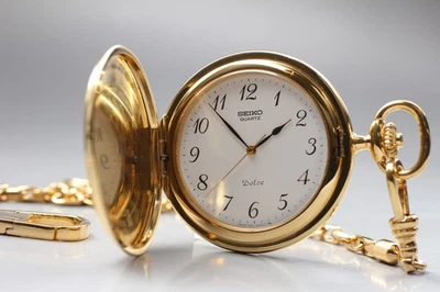 Vintage 1987 N MINT Seiko Pocket Watch Dolce 7431-0010 Gold Quartz Mens JAPAN - Image 1 of 4