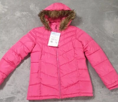 Old Navy Fur Hoodie Puffer Jacket Size 14 Warm Winter Water Resistant Coat Pink - Image 1 of 4