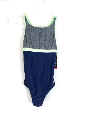 Speedo, traje de baño de una pieza para niña, cuello alto, talla 14, gris jaspeado/azul/verde Foto 1 de 3