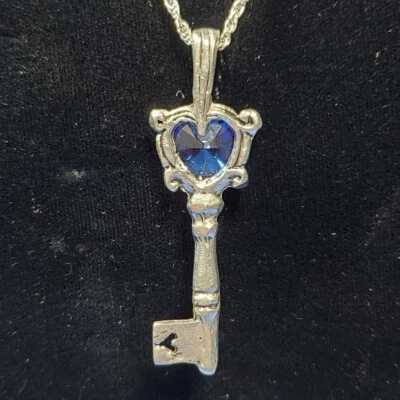 Crystal Key Pewter Pendant Necklace Blue US Made *NEW* - Image 1 of 3
