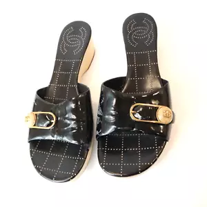 Vintage Chanel Patent Leather Wood Mule Wedges Slip On Logo Buckle Women's 9 B - Picture 1 of 17
