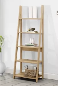 Oak Step Ladder Shelving Unit 5 Tier Leaning Bookcase Storage Display Rack Shelf - Picture 1 of 9