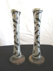 Boho Eclectic Hammered Silver Metal & Dark Wood Set of 2, 10" Candlesticks - Picture 1 of 8