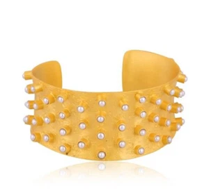Gemstone Wide Cuff Yellow Gold Plated Multi stone Brass Pearl Tower Bracelet - Picture 1 of 3