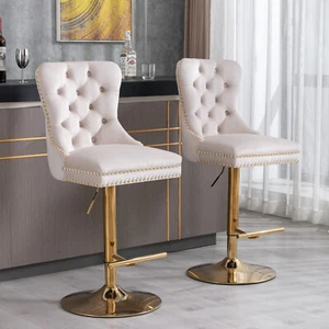 2 Set Velvet Swivel Bar Stools 25-33" Height Pub Dining Chairs Gold Frame Beige - Picture 1 of 9