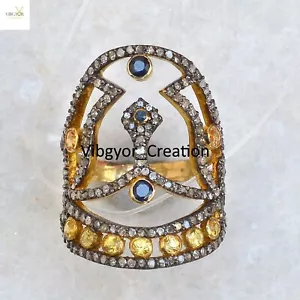 Anillo de diamantes pavimentado genuino piedra preciosa citrino chapado en oro 925 joyería de plata sólida - Imagen 1 de 5